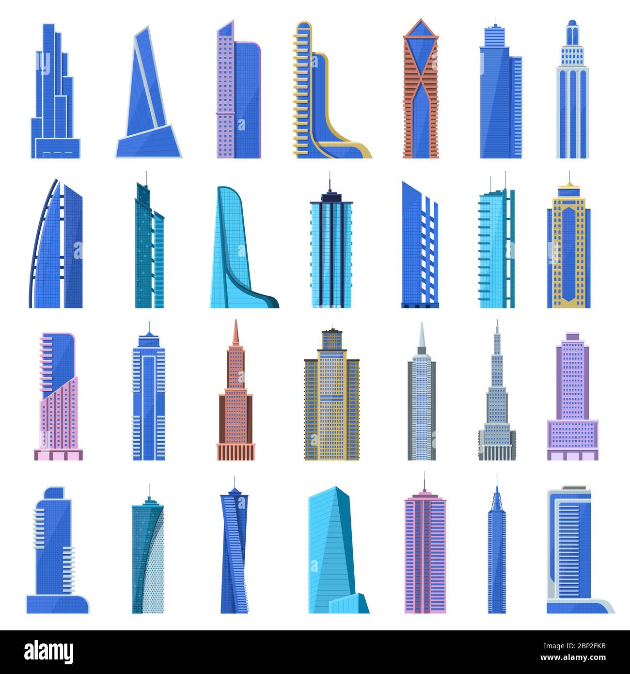Modern skyscrapers. City office buildings, glass architecture skyscrapers. Urban cityscape tall buildings isolated vector illustration icons Stock Vector