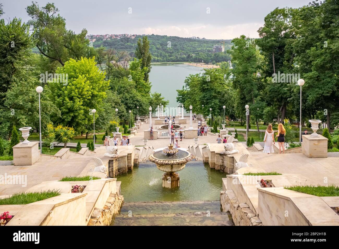 Chisinau, Moldova - June 23, 2019: Fountains and the cascading stairs near the Valea Morilor Lake in Chisinau at summer, Moldova. Stock Photo