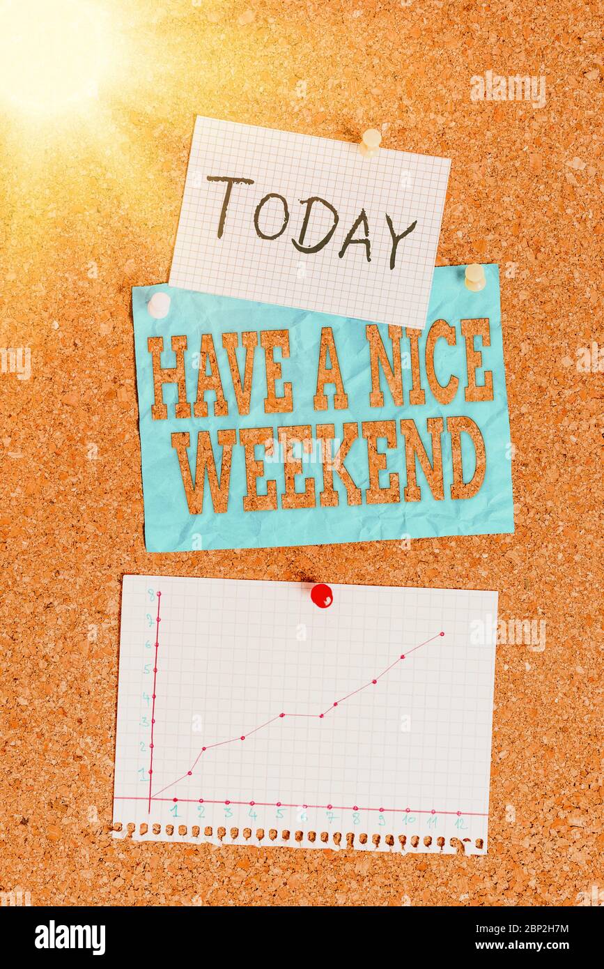 Word writing text Have A Nice Weekend. Business photo showcasing wishing someone that something nice happen holiday Corkboard color size paper pin thu Stock Photo