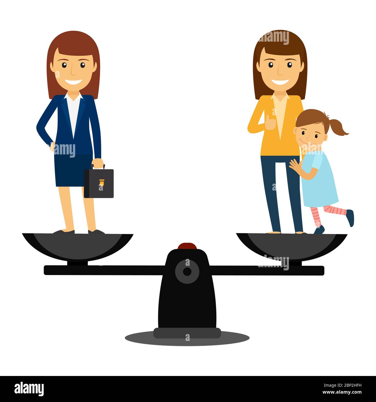 Business woman vs family woman. Flat concept between job and family