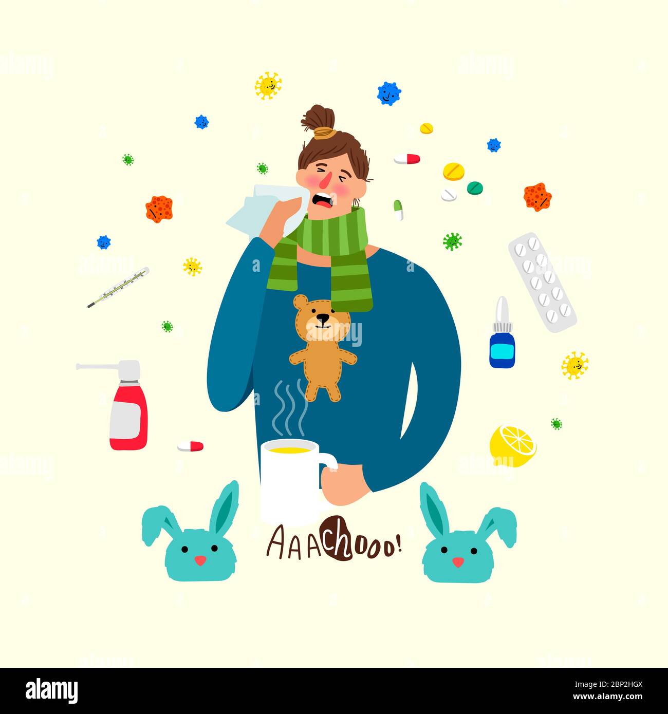Cartoon ill woman. Sick female person with cold and flu, girl with heat  illness, medications and headache vector cartoon concept Stock Vector Image  & Art - Alamy