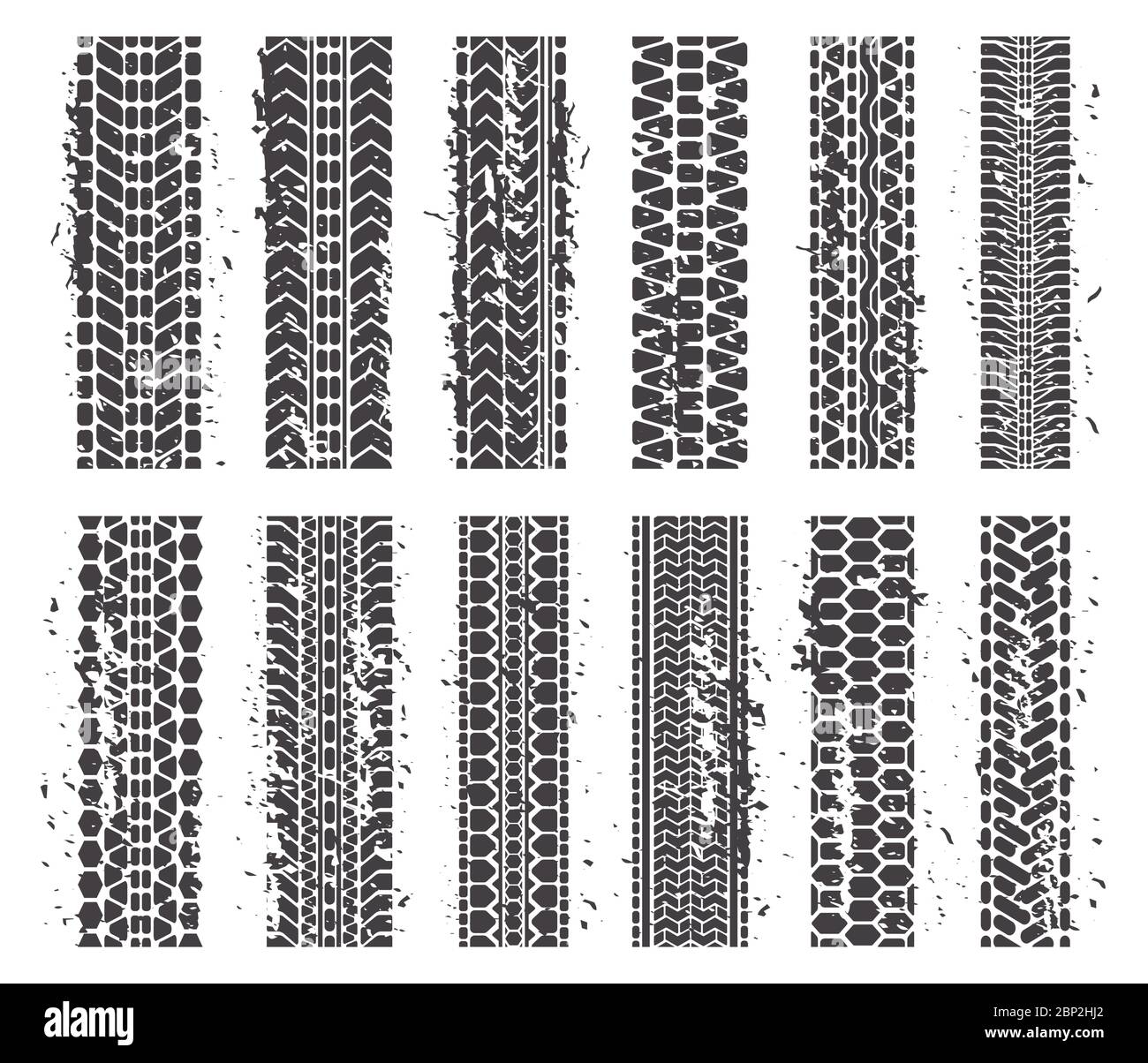 Tire marks. Car tire dirty grunge texture treads, automobile or motorcycle tire tracks texture. Sport tire tracks isolated vector symbols set Stock Vector