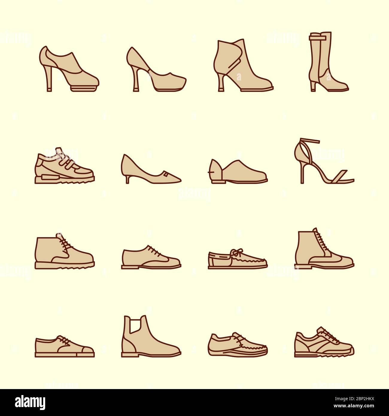 Shoes line vector icons. Sneakers and women shoes, footwear icons vintage style Stock Vector