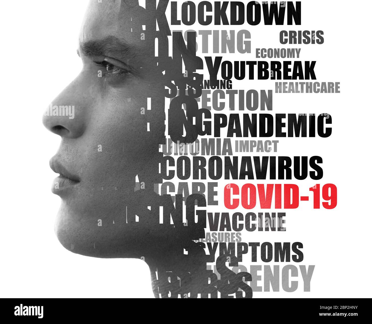 Coronavirus word cloud. Double exposure portrait. Stock Photo