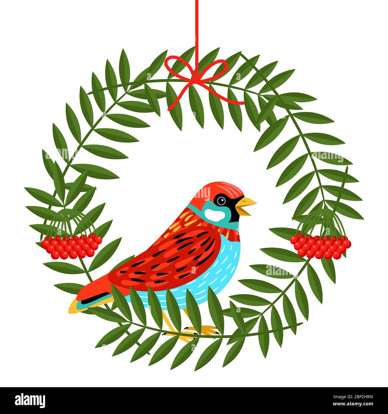 Colorful cartoon bird with rowan berries and leaves wreath vector illustration Stock Vector