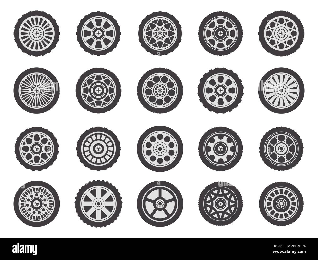Car wheel rims. Automobile vehicle rubber wheel tires, auto tire tread tracks, auto race rubber wheels tires vector illustration icons set Stock Vector