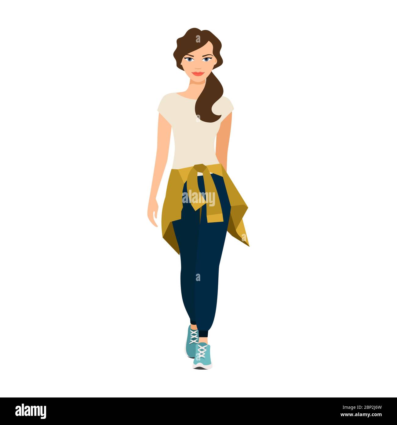 Girl with a knitted sweater on her belt isolated vector illustration on white background Stock Vector