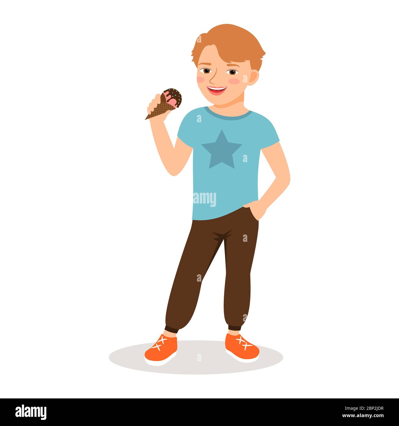 Cute boy with sweet icecream cone isolated on white background. Vector illustration Stock Vector
