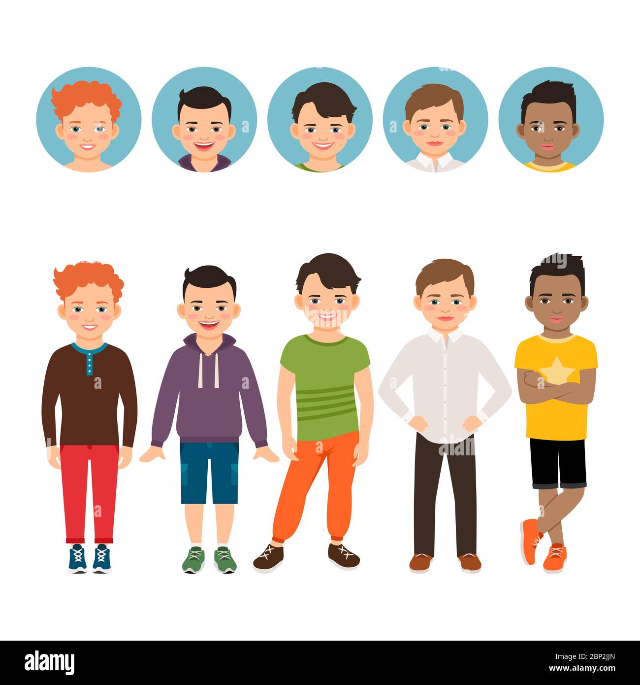 Teenage boy isolated on white background with avatar icons vector set Stock Vector