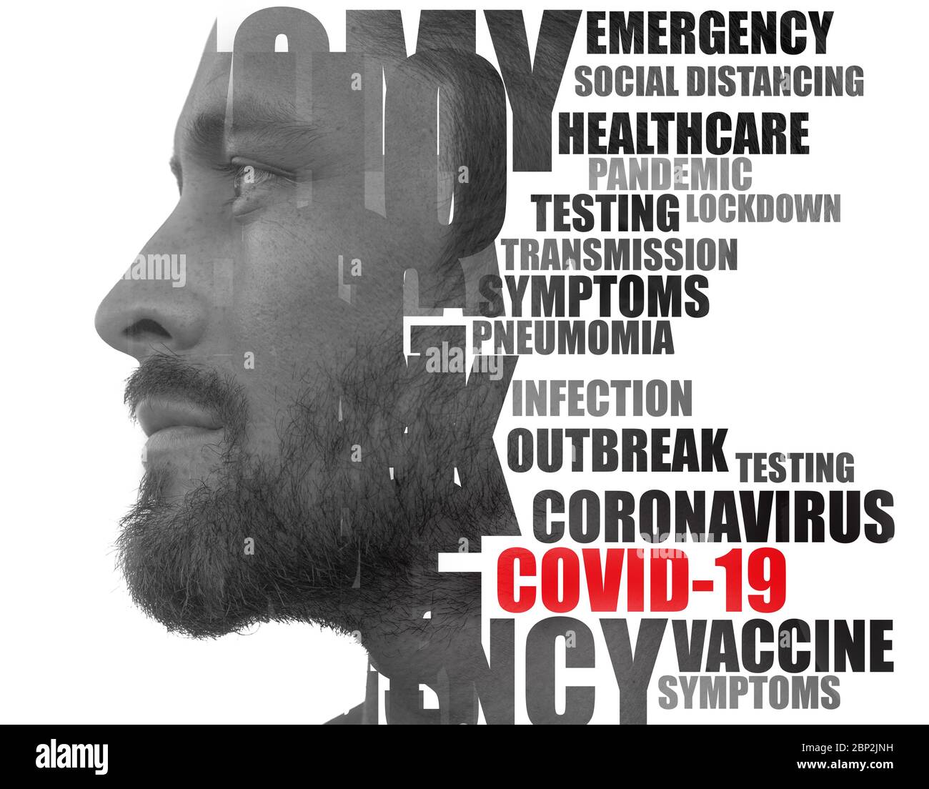 Coronavirus word cloud. Double exposure portrait. Stock Photo
