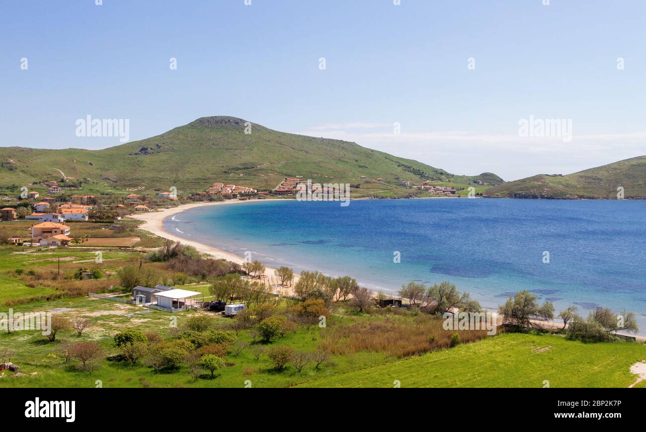 Panoramic view of Platy bay, in Lemnos island, Greece, Europe. Stock Photo
