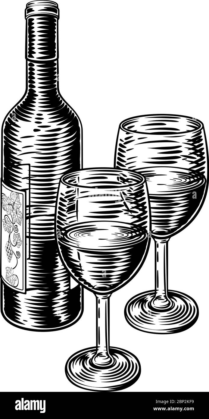 Wine Bottle and Glasses Vintage Woodcut Etching Stock Vector