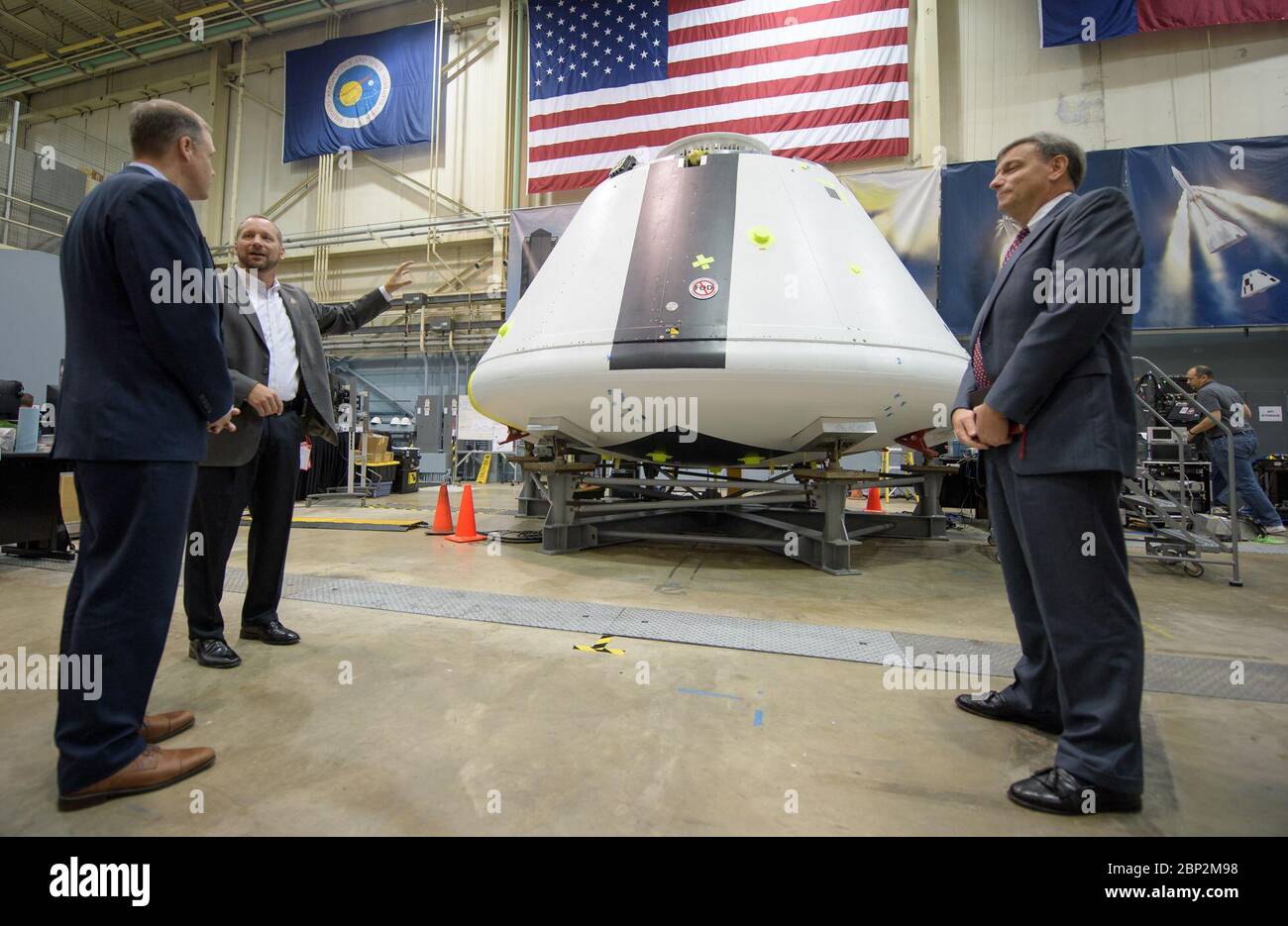 On August 2, 2018, NASA Administrator Jim Bridenstine visited NASA's Johnson Space Center in Houston, Texas, to view the Orion crew capsule, which will be used for the Ascent Abort-2 (AA-2) test. Stock Photo