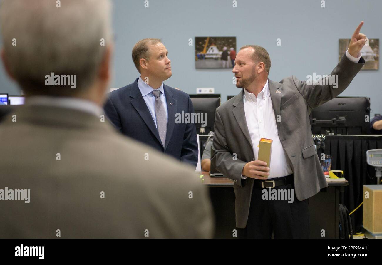 On August 2, 2018, NASA Administrator Jim Bridenstine met with Dr. Jon Olansen at NASA's Johnson Space Center in Houston to discuss the Orion Ascent Abort-2 (AA-2) test. The test will evaluate the crew capsule's performance during emergency ascent abort scenarios. Stock Photo