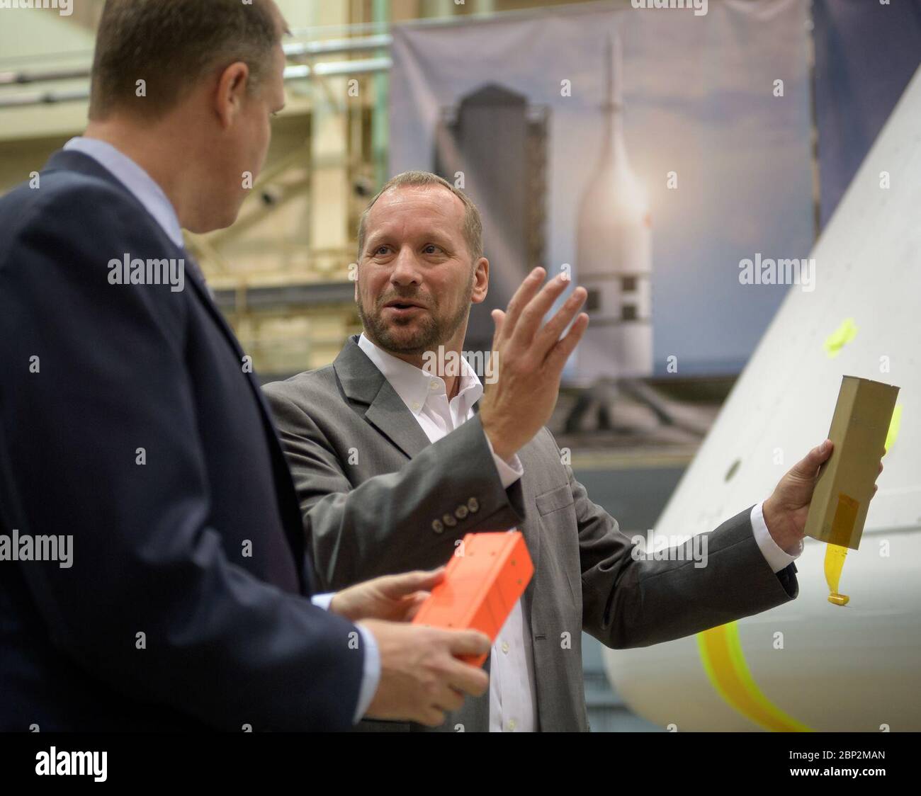 On August 2, 2018, NASA Administrator Jim Bridenstine and Dr. Jon Olansen discussed the Orion Ascent Abort-2 (AA-2) crew capsule during a briefing at NASA's Johnson Space Center in Houston, Texas. Stock Photo