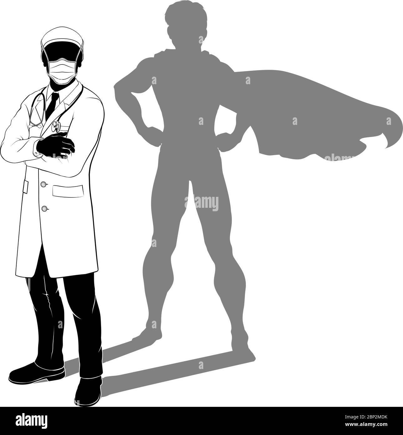 Doctor PPE Mask Silhouette Super Hero Shadow Stock Vector