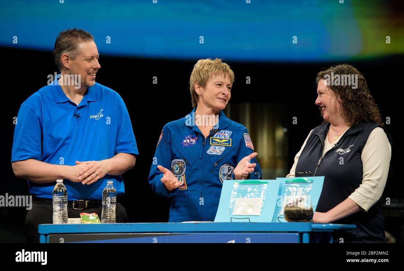 Astronaut Peggy Whitson at NASM  NASA astronaut Peggy Whitson tapes a segment for STEM in 30 with Marty Kelsey, left, and Beth Wilson, Friday, March 2, 2018 at the Smithsonian's National Air and Space Museum in Washington. Whitson spent 288 days onboard the International Space Station as a member of Expedition 50, 51, and 52, conducting four spacewalks and contributing to hundreds of experiments in biology, biotechnology, physical science and Earth science during her stay. Stock Photo