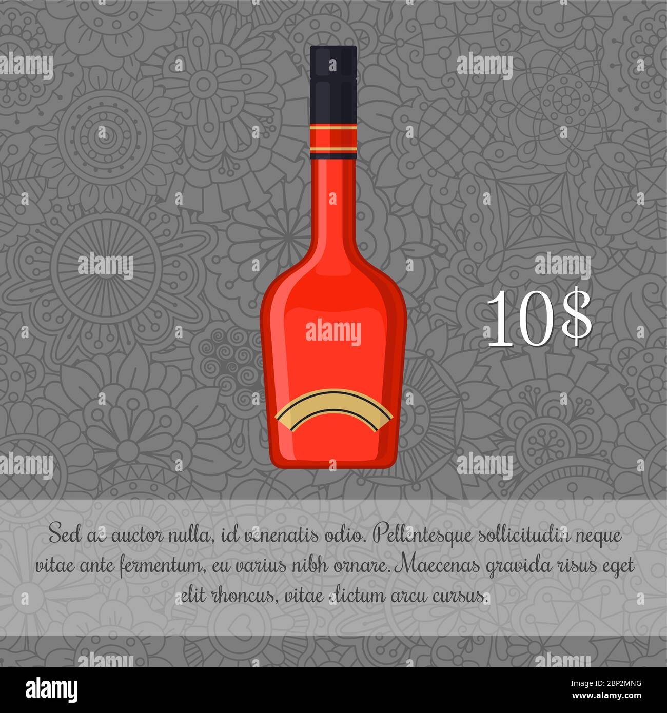 Red liquor alcoholic beverage card template with price and patterned