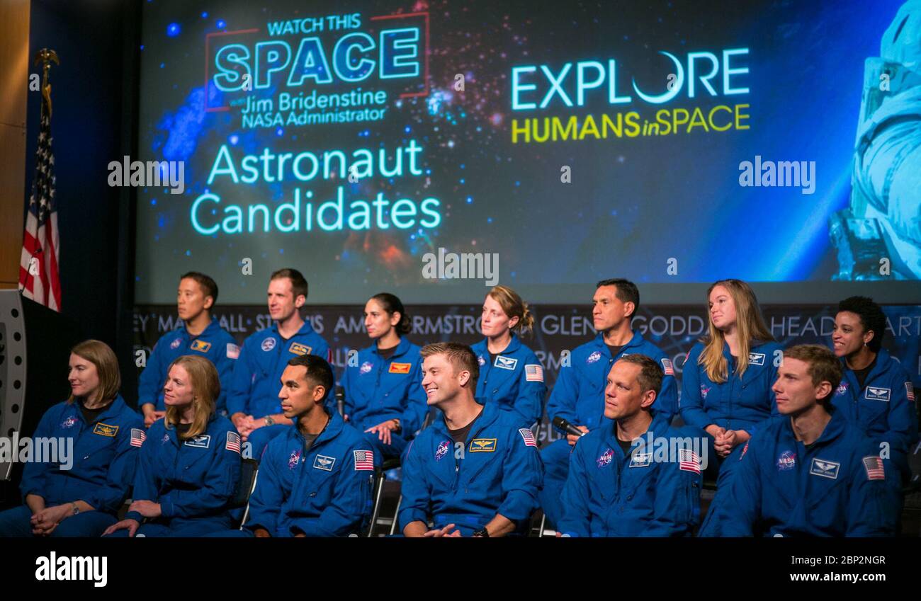 Watch This Space with the 2017 Astronaut Candidate Class  Astronaut candidates, back row from left, Jonny Kim, Joshua Kutryk of the Canadian Space Agency, Jasmin Moghbeli, Loral O’Hara, Frank Rubio, Jennifer Sidey-Gibbons of the Canadian Space Agency, Jessica Watkins, front row from left, Kayla Barron, Zena Cardman, Raja Chari, Matthew Dominick, Bob Hines, and Warren Hoburg are seen during a live episode of the Administrator's monthly chat show, Watch This Space,  Thursday, Sept. 27, 2018 in the Webb Auditorium at NASA Headquarters in Washington. NASA's newest astronaut candidate class has sta Stock Photo