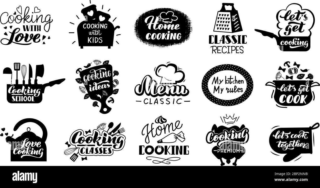 Cooking lettering badges. Kitchen gourmet recipes, hand drawn food lettering labels. Cooking foods concept elements vector isolated icons Stock Vector