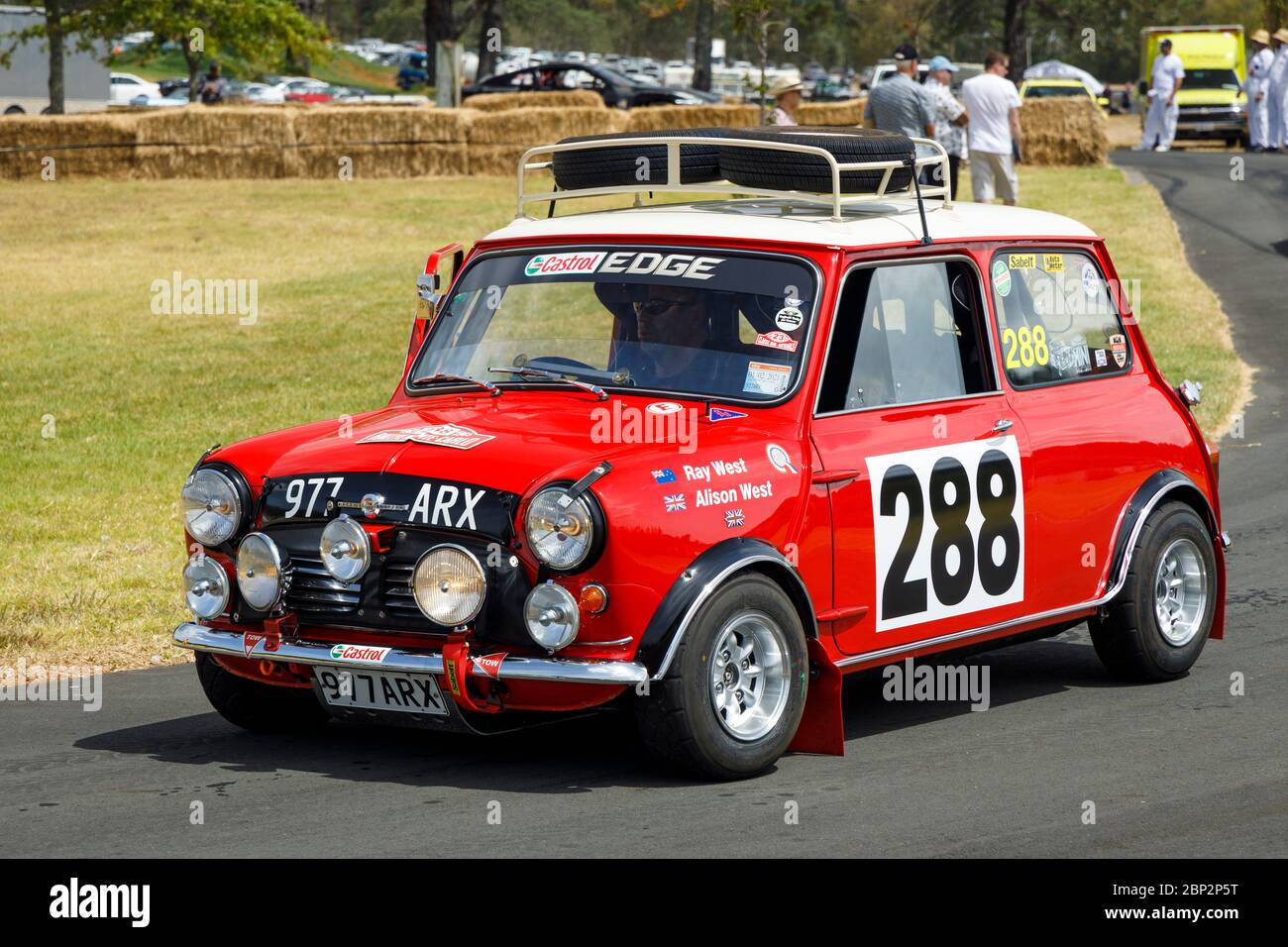 Ray West in his 1962 Morris Mini Cooper rally car. Fully updated and replica Monte Carlo Rally spec' interior. Stock Photo