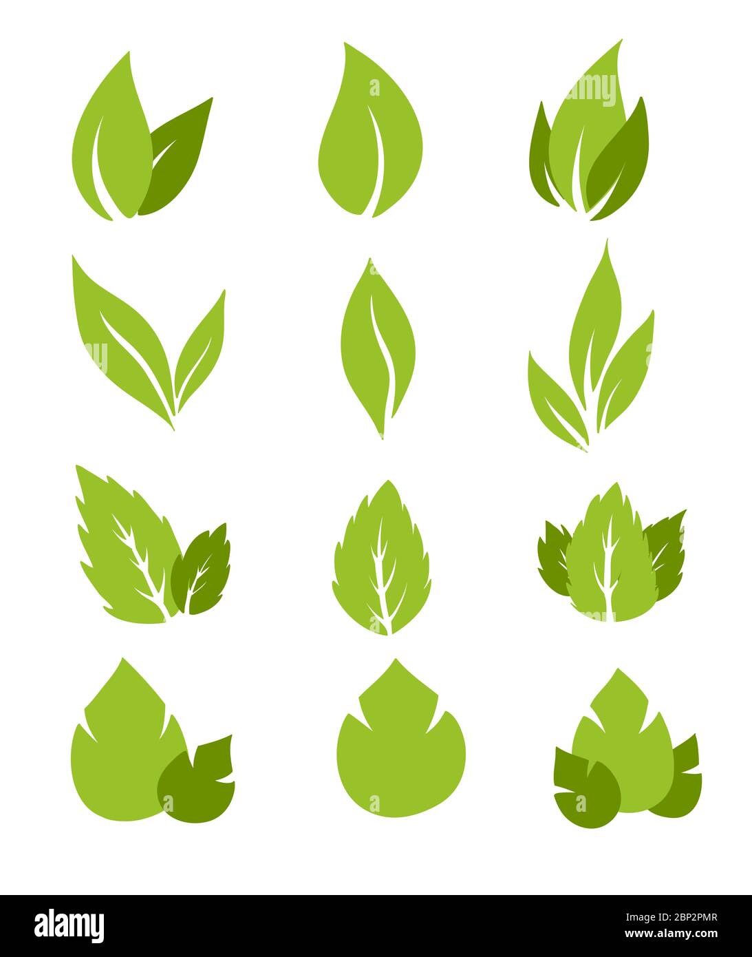 Leaves icon vector set isolated on white background. Various shapes of green leaves of trees and plants. Elements for eco and bio logos. Stock Vector