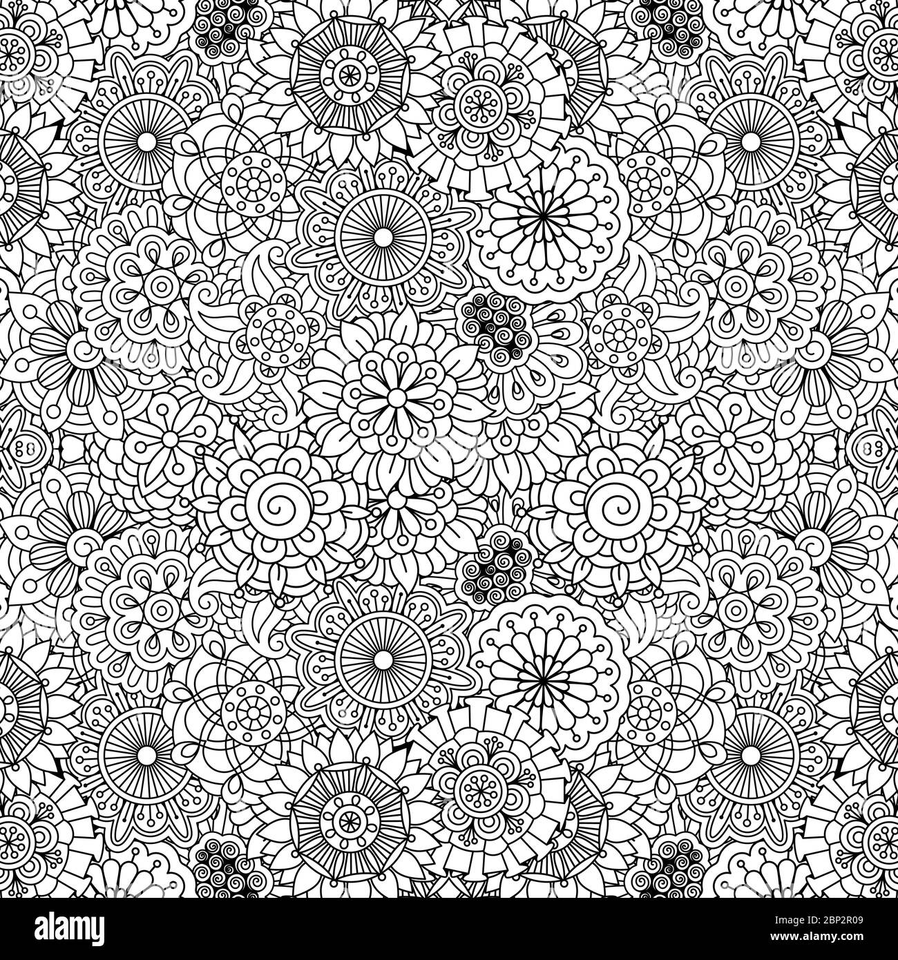 Floral ornamental black and white linear pattern. Vector decorative background with round, mandala like flowers Stock Vector