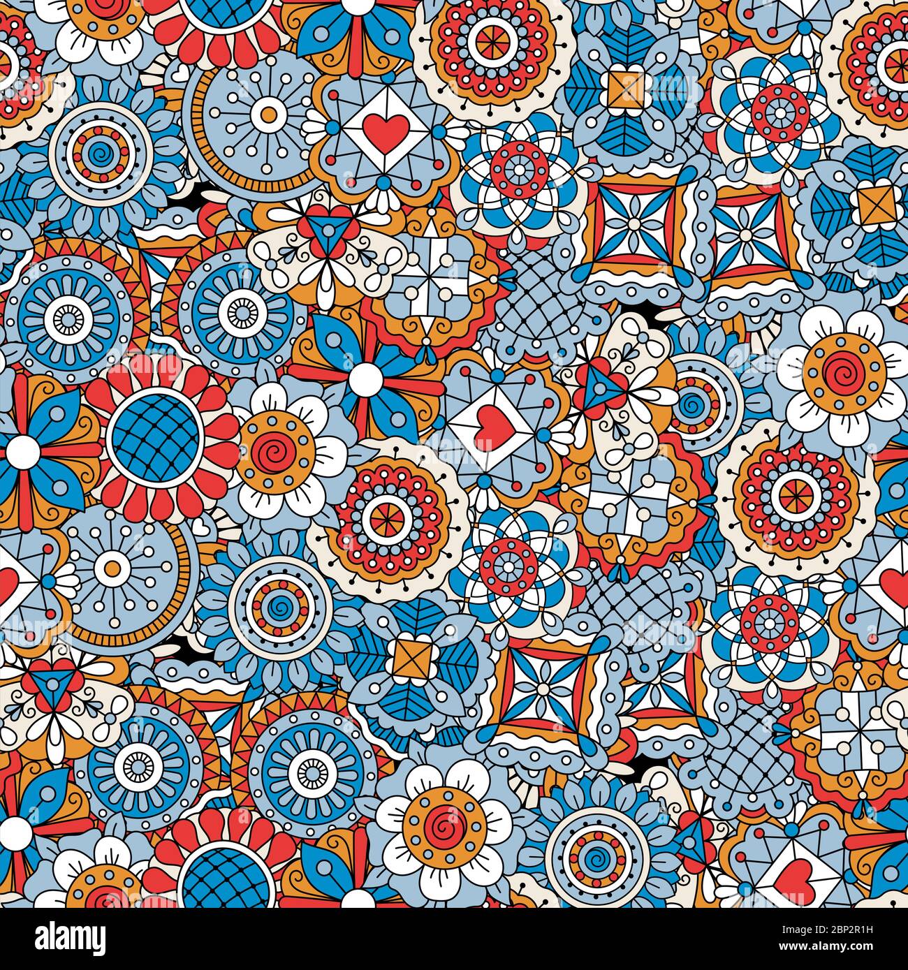 Mandala style flowers blue and red decorative pattern. Vector ...