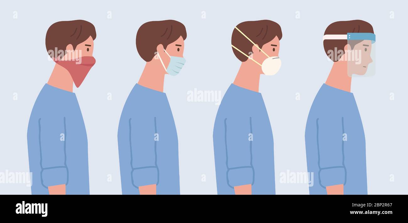 People wearing a surgical mask, n95 mask, handkerchief, and face shield. Illustration about kind of face mask to prevent virus and pollution. Stock Vector
