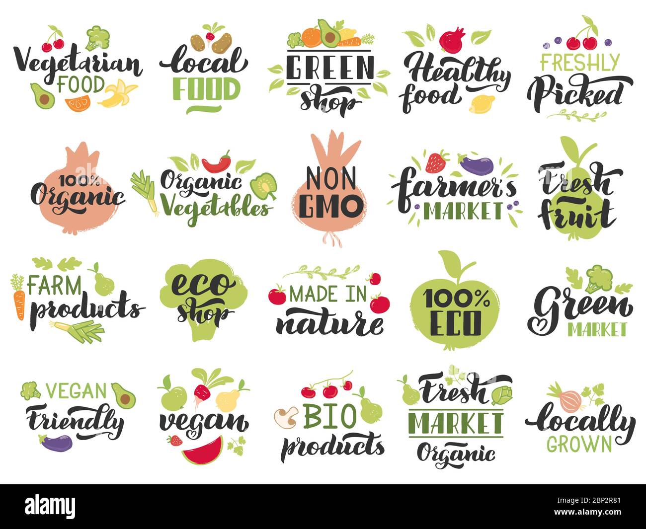 Organic fruits and veggies labels. Vegetarian fruits, vegetables lettering badges, fresh eco