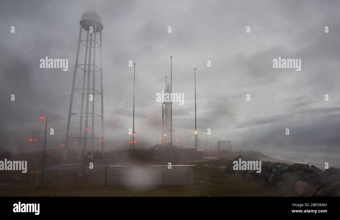 Northrop Grumman Antares CRS-10 Rollout  A Northrop Grumman Antares rocket carrying a Cygnus resupply spacecraft is seen on Pad-0A after being raised into a vertical position, Tuesday, Nov. 13, 2018 at NASA's Wallops Flight Facility in Virginia. Northrop Grumman's 10th contracted cargo resupply mission for NASA to the International Space Station will deliver about 7,500 pounds of science and research, crew supplies and vehicle hardware to the orbital laboratory and its crew. Launch is scheduled for Nov. 15 at 4:49 a.m. EST. Stock Photo