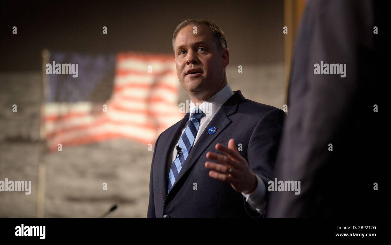 Commercial Lunar Payload Services (CLPS)  NASA Administrator Jim Bridenstine answers questions during an event where nine U.S. companies where named as eligible to bid on NASA delivery services to the lunar surface through Commercial Lunar Payload Services (CLPS) contracts, Thursday, Nov. 29, 2018 at NASA Headquarters in Washington. The companies will be able to bid on delivering science and technology payloads for NASA, including payload integration and operations, launching from Earth and landing on the surface of the Moon. NASA expects to be one of many customers that will use these commerc Stock Photo