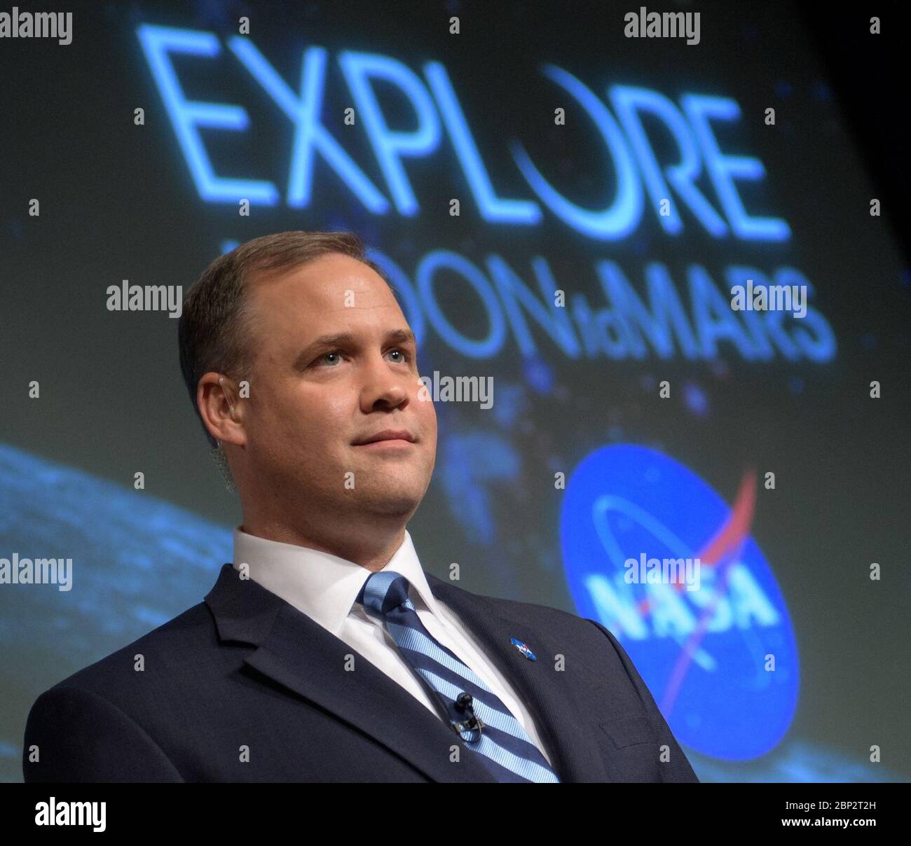 Commercial Lunar Payload Services (CLPS)  NASA Administrator Jim Bridenstine answers questions during an event where nine U.S. companies where named as eligible to bid on NASA delivery services to the lunar surface through Commercial Lunar Payload Services (CLPS) contracts, Thursday, Nov. 29, 2018 at NASA Headquarters in Washington. The companies will be able to bid on delivering science and technology payloads for NASA, including payload integration and operations, launching from Earth and landing on the surface of the Moon. NASA expects to be one of many customers that will use these commerc Stock Photo