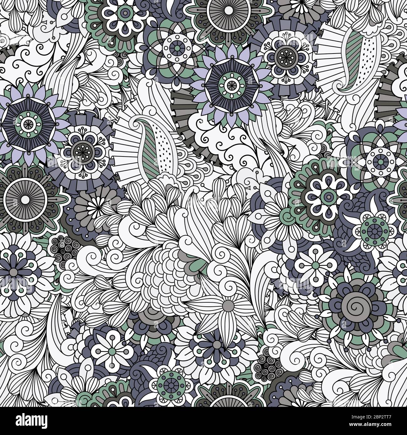 Ornamental pattern with flowers and swirls in grey and green colors