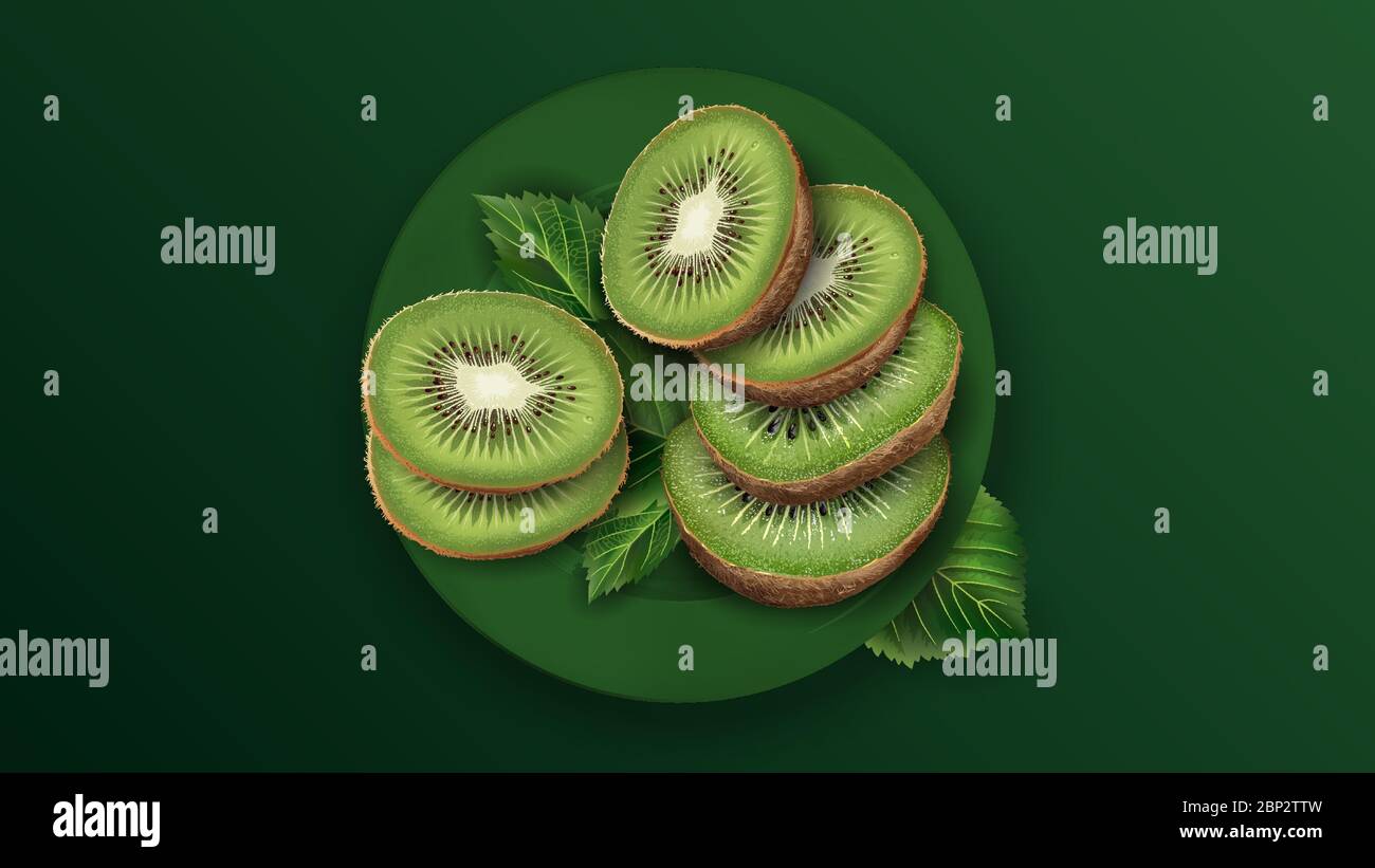 A set of sliced kiwi and leaves. Stock Vector