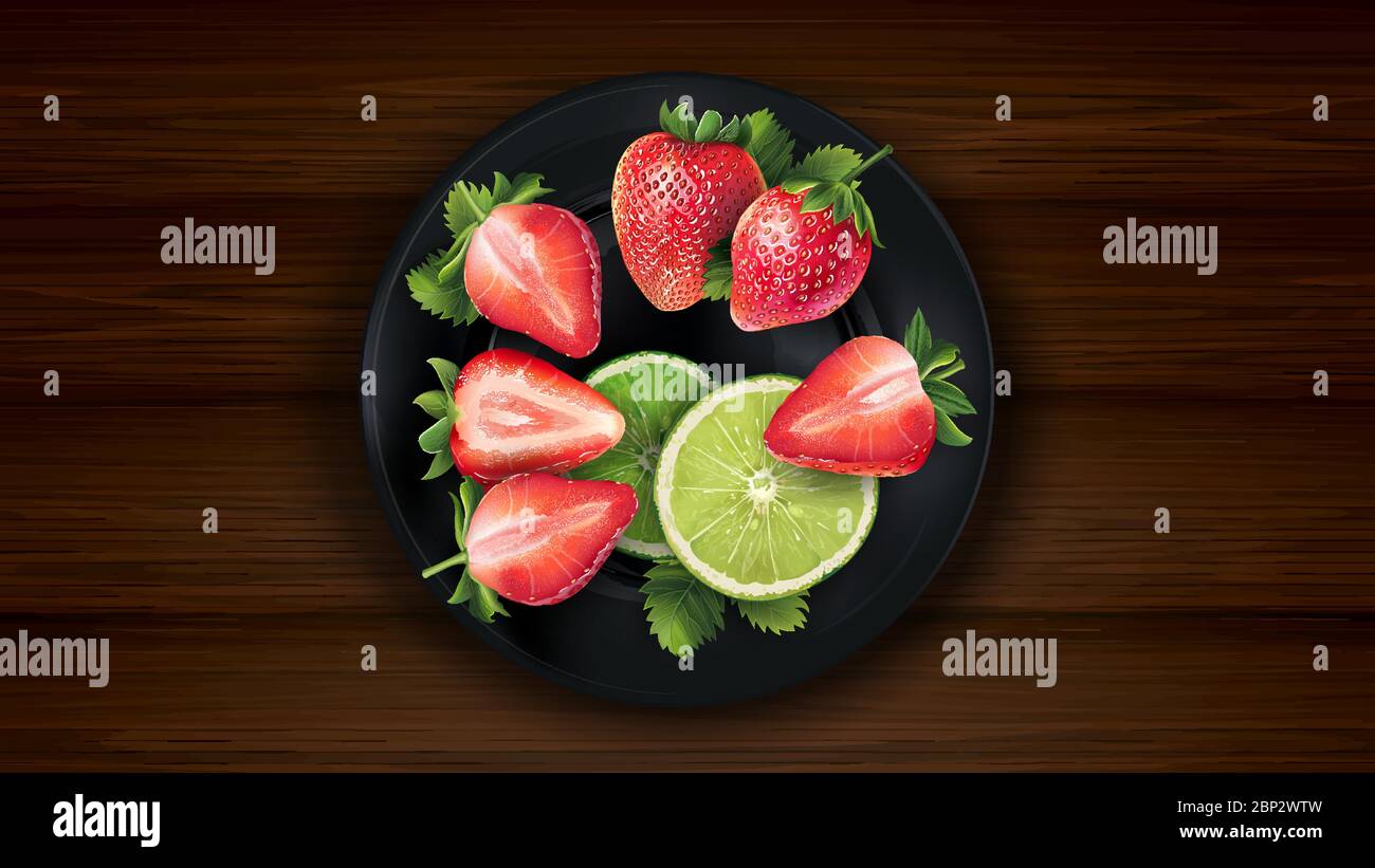 Sliced lime and strawberries on a dark plate and wooden table. Stock Vector