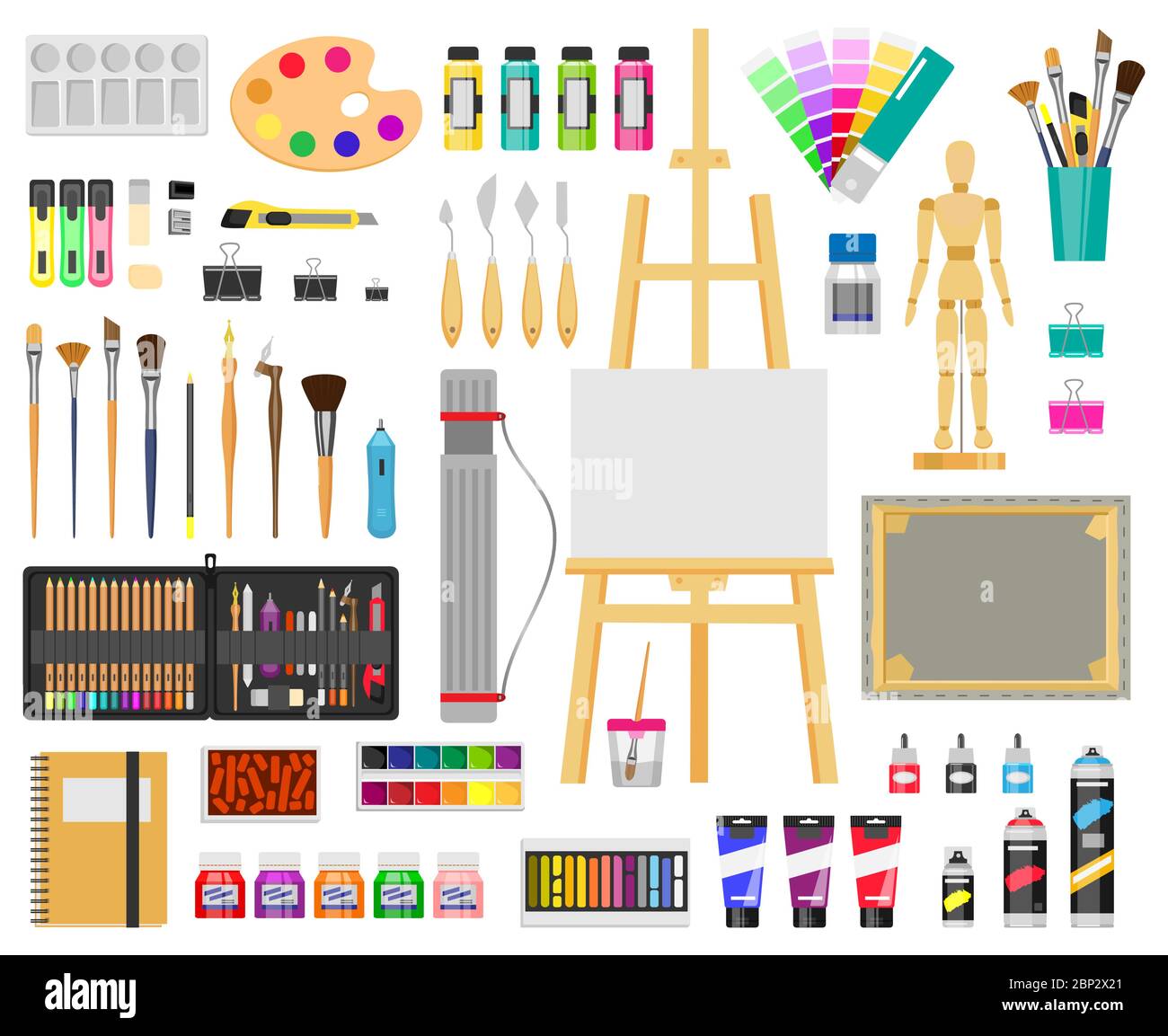 Paint art tools. Artistic supplies, painting and drawing materials,  brushes, paints, easel, creative art tools vector illustration icons set  Stock Vector Image & Art - Alamy