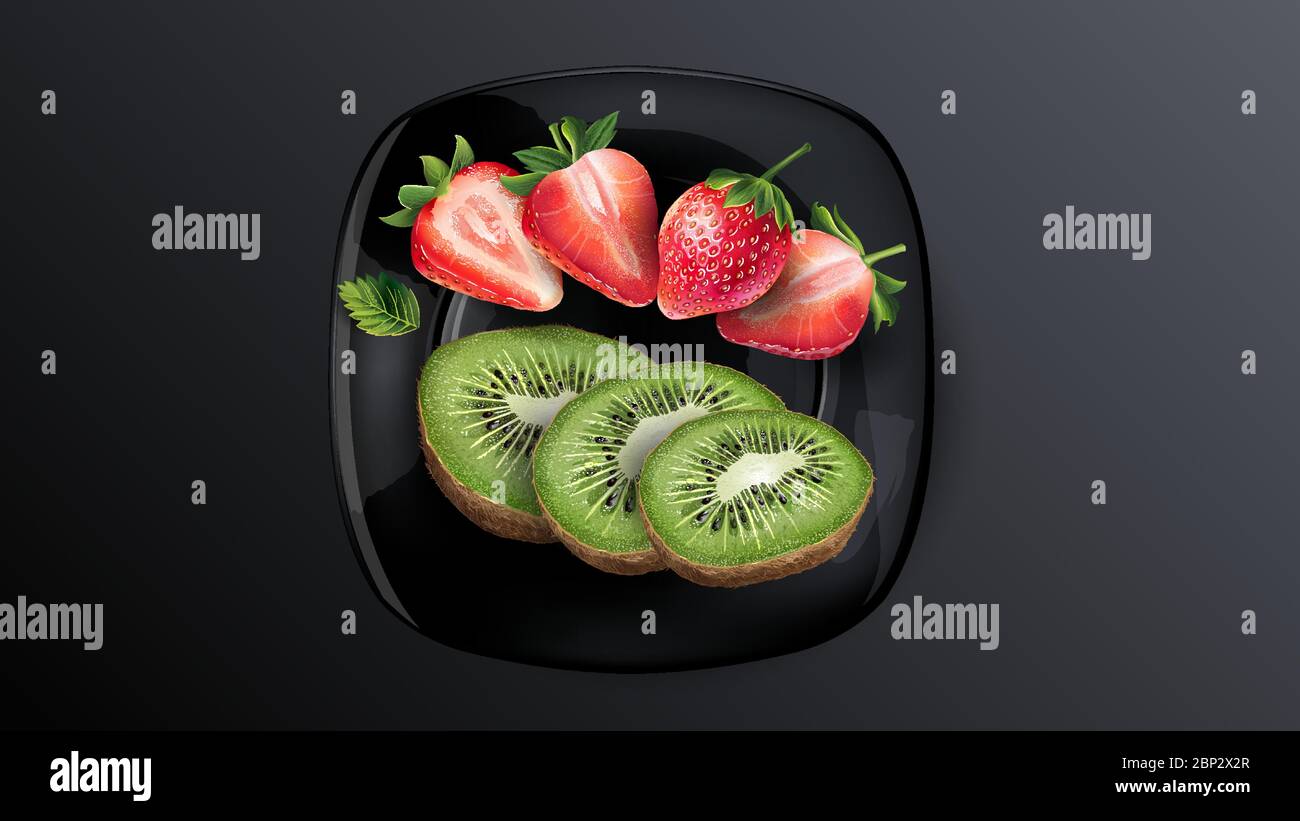 Still life of berries: kiwi and strawberries. Stock Vector