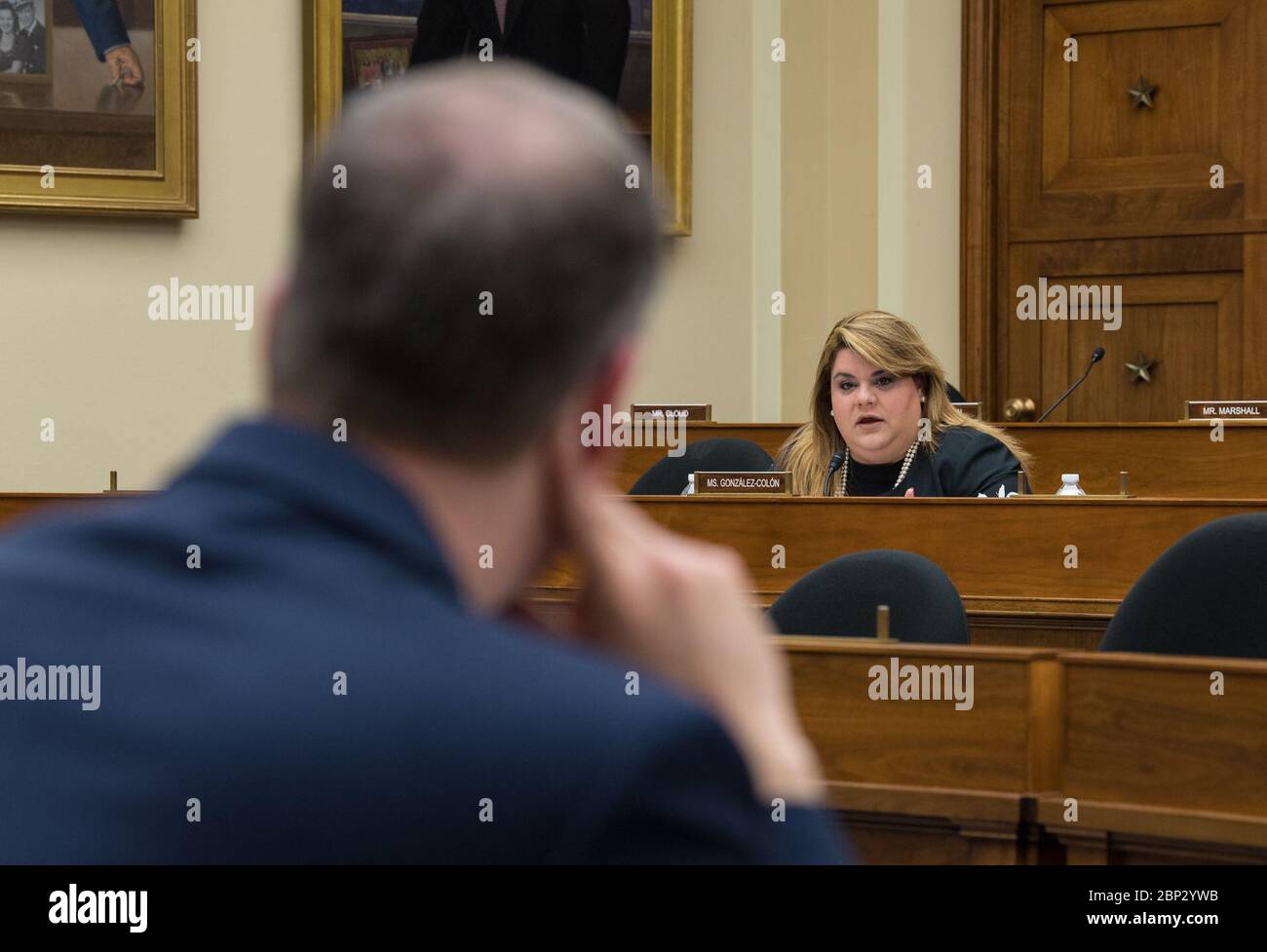 House NASA FY 20' Budget Hearing  Resident Commissioner Jenniffer González-Colón, R-Puerto Rico, asks NASA Administrator Jim Bridenstine a question during a House Committee on Science, Space, and Technology hearing to review the Fiscal Year 2020 budget request for the National Aeronautics and Space Administration, Tuesday, April 2, 2019 at the Rayburn House Office Building in Washington. Stock Photo
