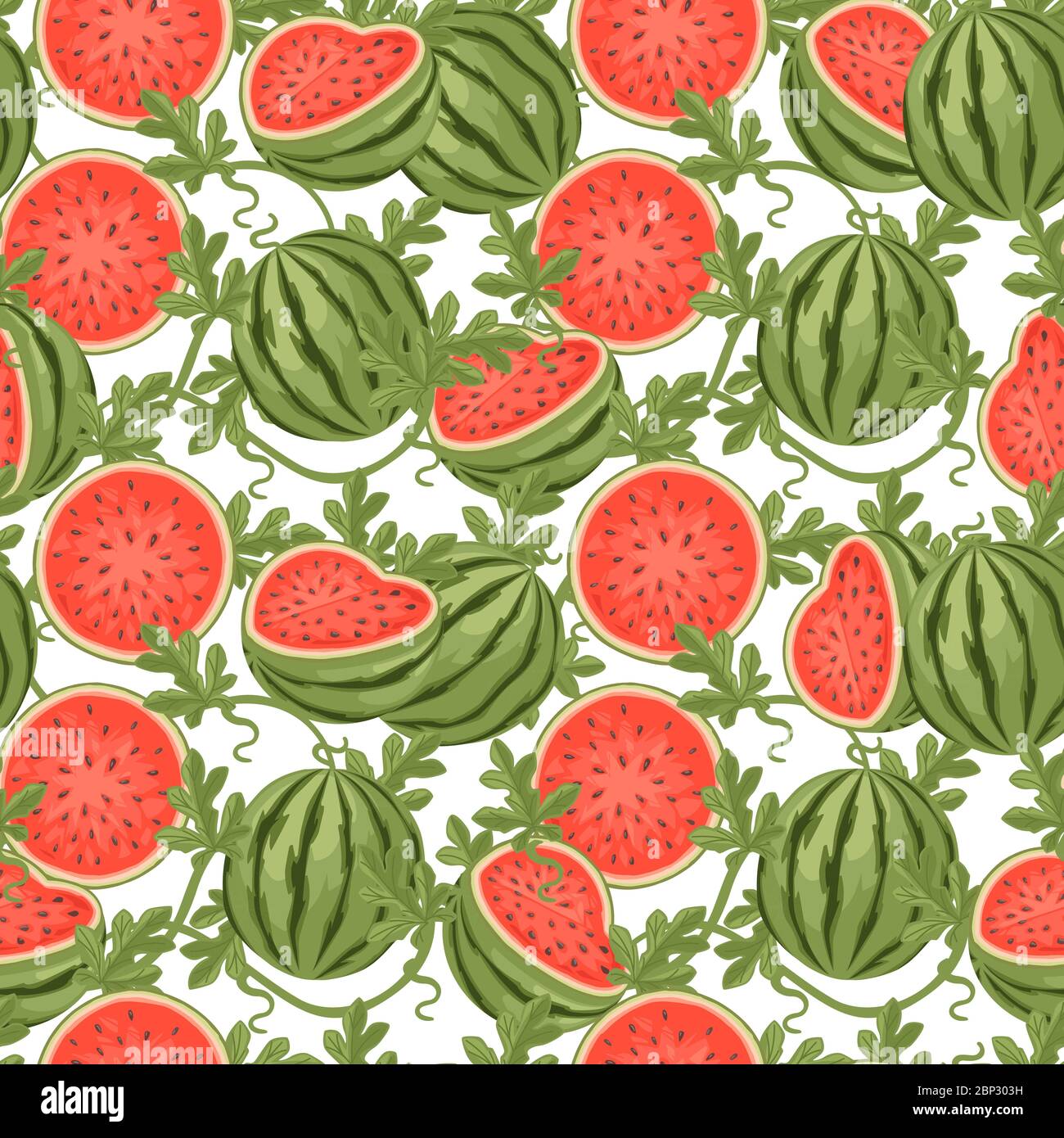 Seamless pattern of watermelon whole and sliced with green leaves flat ...
