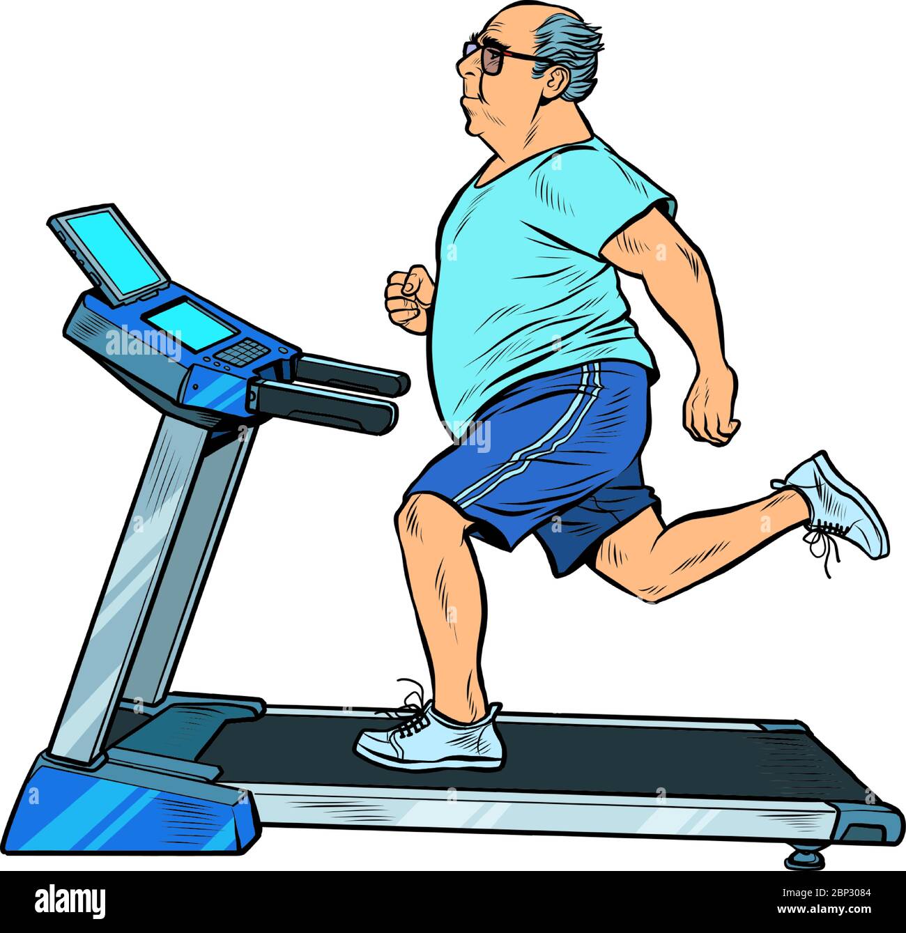 an elderly fat man treadmill, sports equipment for training. fitness room Stock Vector
