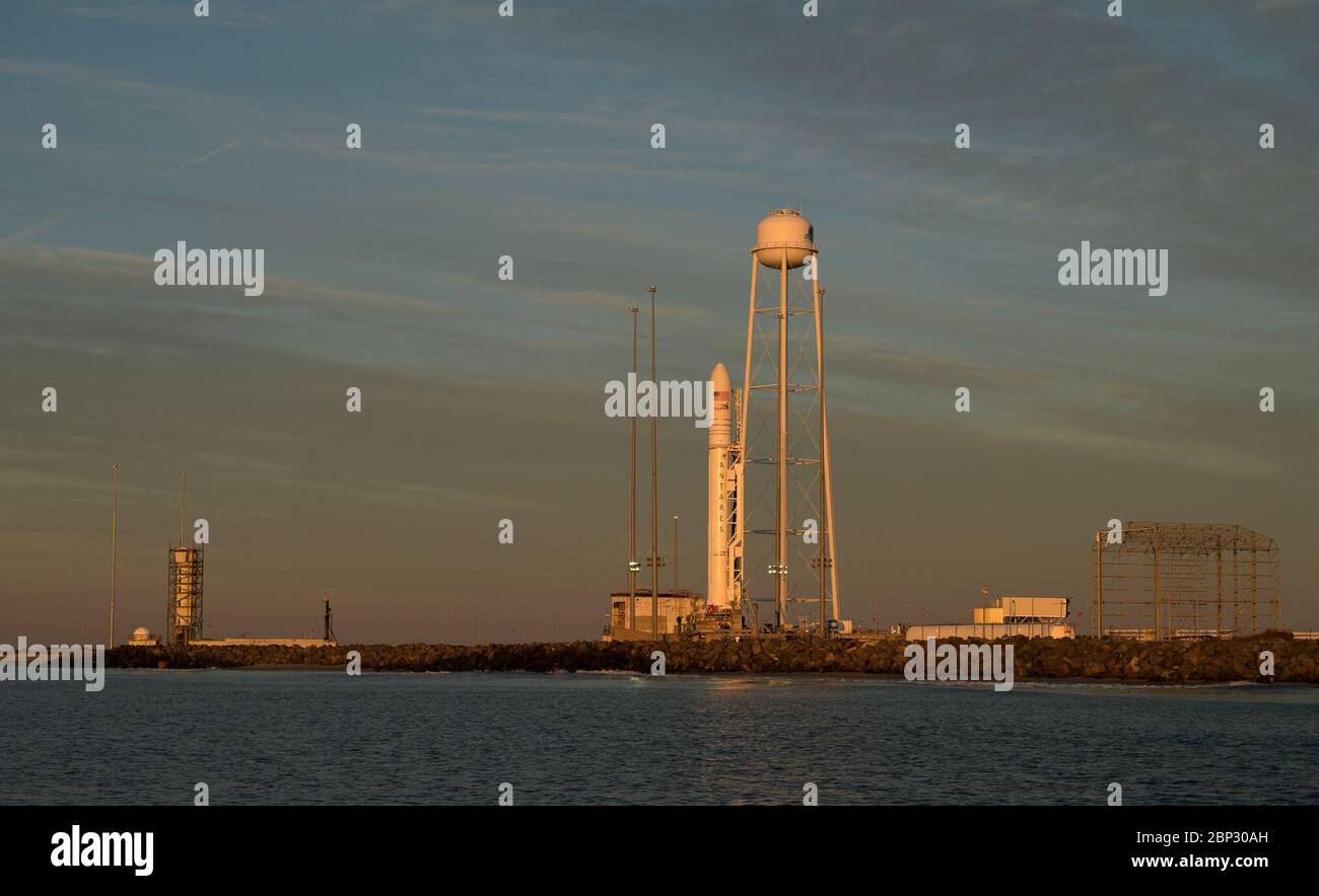 Northrop Grumman Antares CRS-11 Prelaunch  A Northrop Grumman Antares rocket carrying a Cygnus resupply spacecraft is seen during sunrise on Pad-0A, Tuesday, April 16, 2019 at NASA's Wallops Flight Facility in Virginia. Northrop Grumman’s 11th contracted cargo resupply mission with NASA to the International Space Station will deliver about 7,600 pounds of science and research, crew supplies and vehicle hardware to the orbital laboratory and its crew. Stock Photo