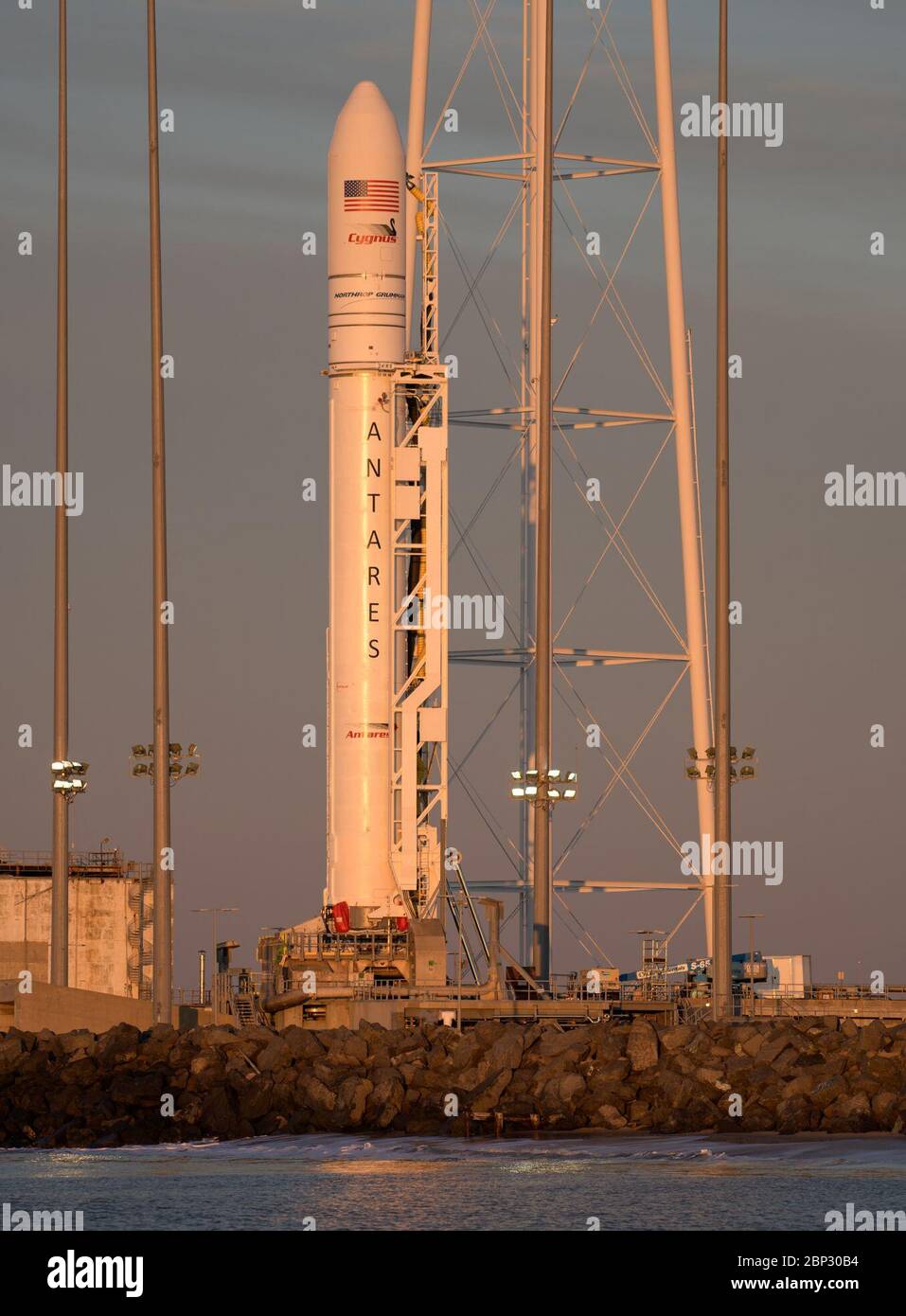 Northrop Grumman Antares CRS-11 Prelaunch A Northrop Grumman Antares rocket carrying a Cygnus resupply spacecraft is seen during sunrise on Pad-0A, Tuesday, April 16, 2019 at NASA's Wallops Flight Facility in Virginia. Northrop Grumman’s 11th contracted cargo resupply mission with NASA to the International Space Station will deliver about 7,600 pounds of science and research, crew supplies and vehicle hardware to the orbital laboratory and its crew. Stock Photo