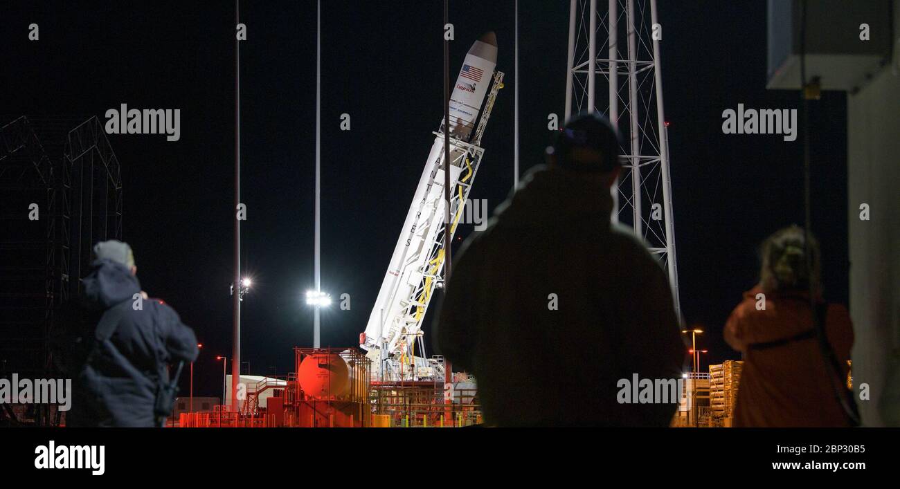 Northrop Grumman Antares CRS-11 A Northrop Grumman Antares rocket carrying a Cygnus resupply spacecraft is raised into a vertical position on Pad-0A, Monday, April 15, 2019. Northrop Grumman’s 11th contracted cargo resupply mission with NASA to the International Space Station will deliver about 7,600 pounds of science and research, crew supplies and vehicle hardware to the orbital laboratory and its crew. Stock Photo