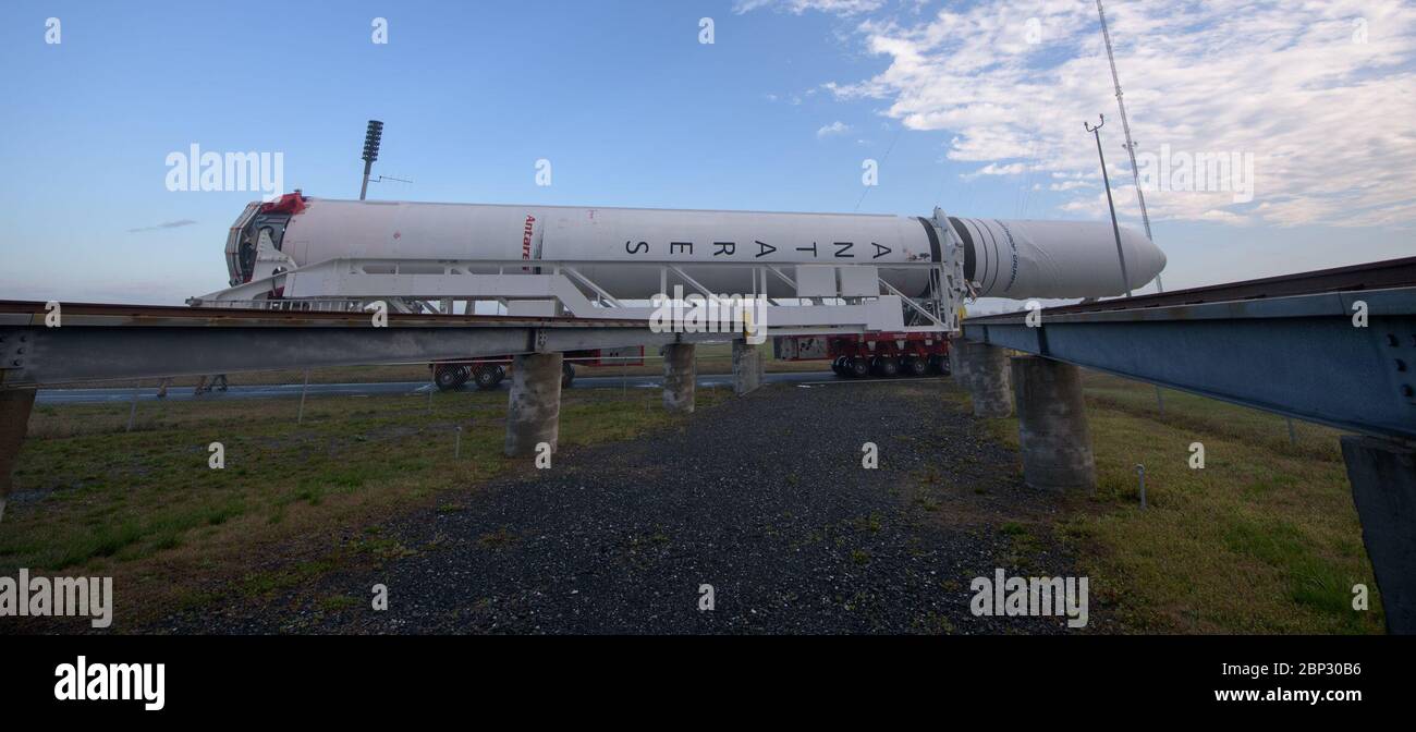 Northrop Grumman Antares CRS-11 Rollout A Northrop Grumman Antares rocket is seen as it rolls out to Pad-0A, Monday, April 15, 2019 at NASA's Wallops Flight Facility in Virginia. Northrop Grumman’s 11th contracted cargo resupply mission with NASA to the International Space Station will deliver about 7,600 pounds of science and research, crew supplies and vehicle hardware to the orbital laboratory and its crew. Stock Photo