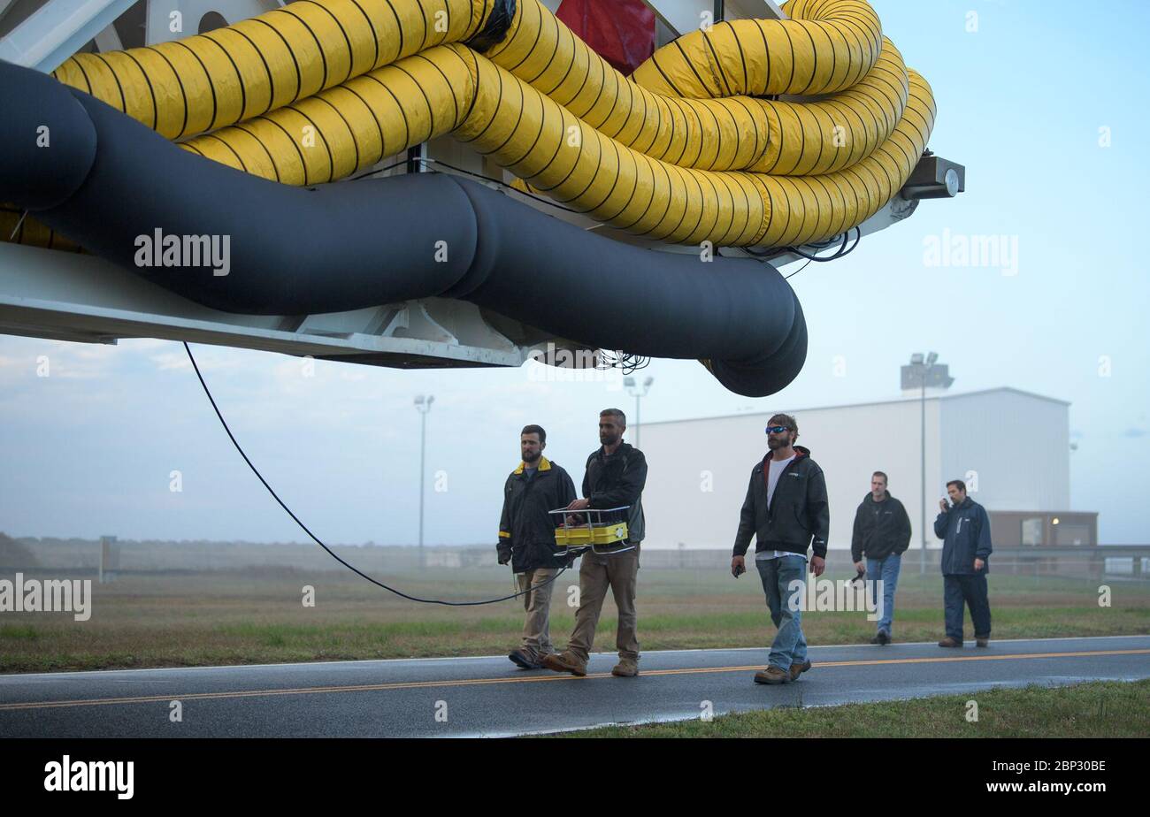 Northrop Grumman Antares CRS-11 Rollout A Northrop Grumman Antares rocket is seen as it rolls out to Pad-0A, Monday, April 15, 2019 at NASA's Wallops Flight Facility in Virginia. Northrop Grumman’s 11th contracted cargo resupply mission with NASA to the International Space Station will deliver about 7,600 pounds of science and research, crew supplies and vehicle hardware to the orbital laboratory and its crew. Stock Photo