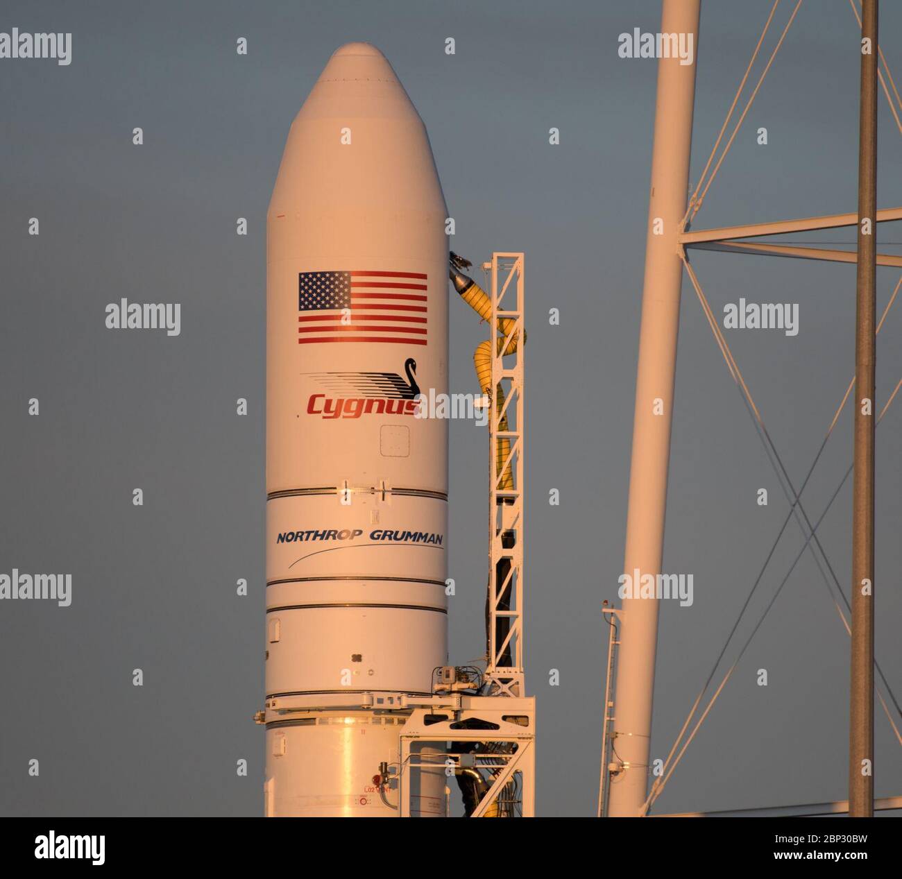 Northrop Grumman Antares CRS-11 Prelaunch A Northrop Grumman Antares rocket carrying a Cygnus resupply spacecraft is seen during sunrise on Pad-0A, Tuesday, April 16, 2019 at NASA's Wallops Flight Facility in Virginia. Northrop Grumman’s 11th contracted cargo resupply mission with NASA to the International Space Station will deliver about 7,600 pounds of science and research, crew supplies and vehicle hardware to the orbital laboratory and its crew. Stock Photo