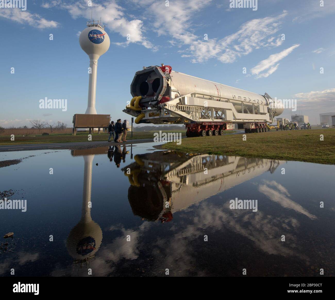 Northrop Grumman Antares CRS-11 Rollout  A Northrop Grumman Antares rocket is seen as it rolls out to Pad-0A, Monday, April 15, 2019 at NASA's Wallops Flight Facility in Virginia. Northrop Grumman’s 11th contracted cargo resupply mission with NASA to the International Space Station will deliver about 7,600 pounds of science and research, crew supplies and vehicle hardware to the orbital laboratory and its crew. Stock Photo