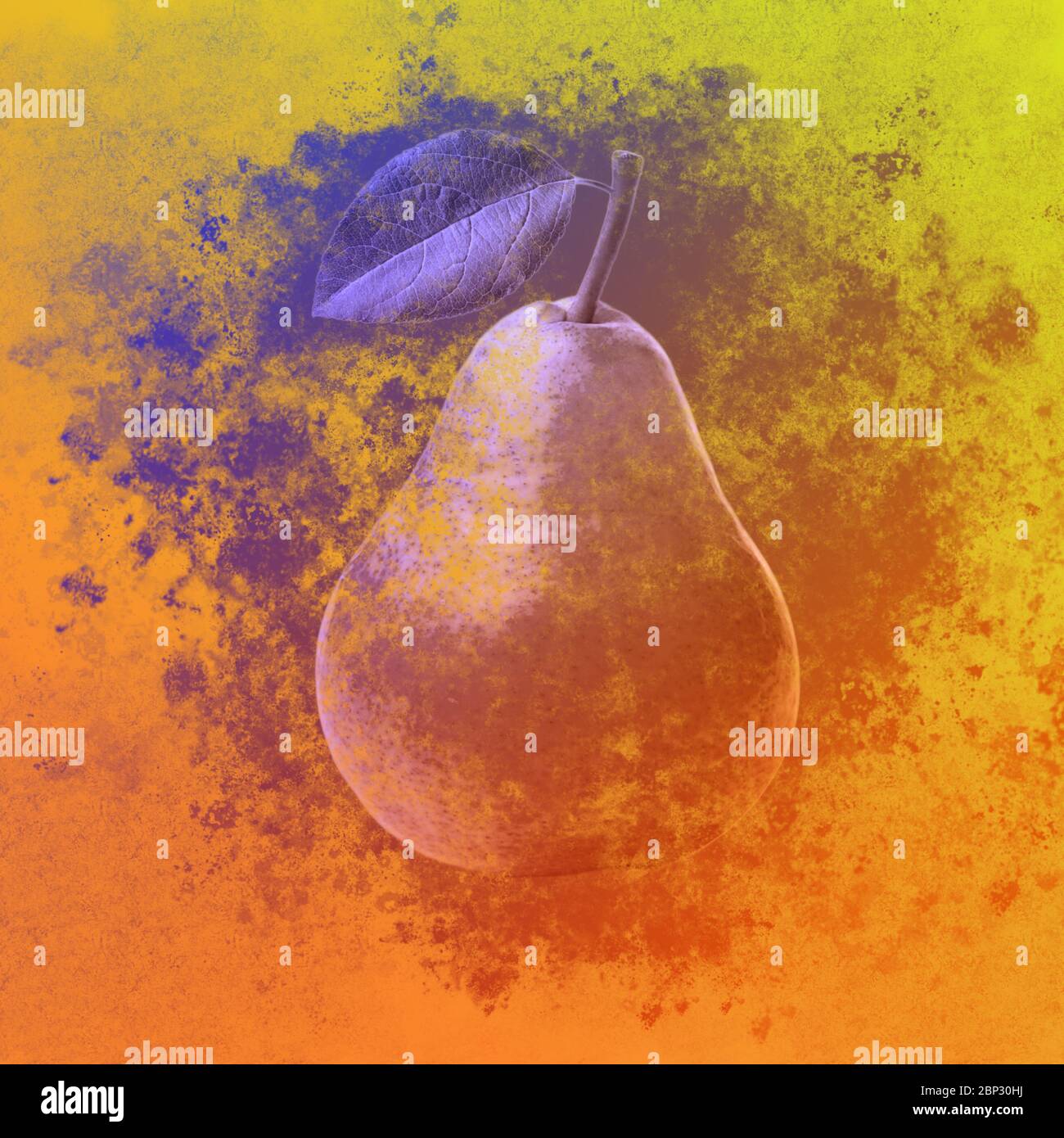Pear illustration with splatter textured style and colored background Stock Photo
