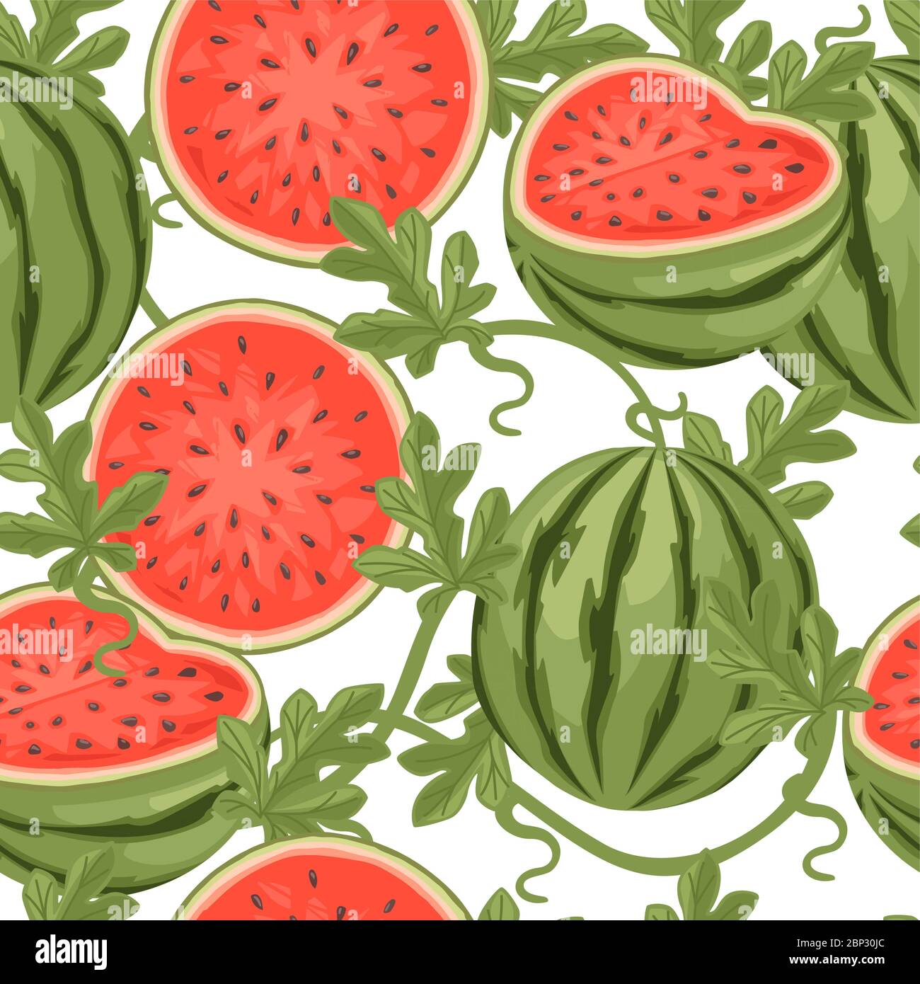Seamless pattern of watermelon whole and sliced with green leaves flat ...